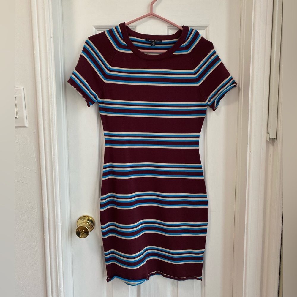 W118 by Walter Baker knit T shirt dress with maroon blue and white stripes